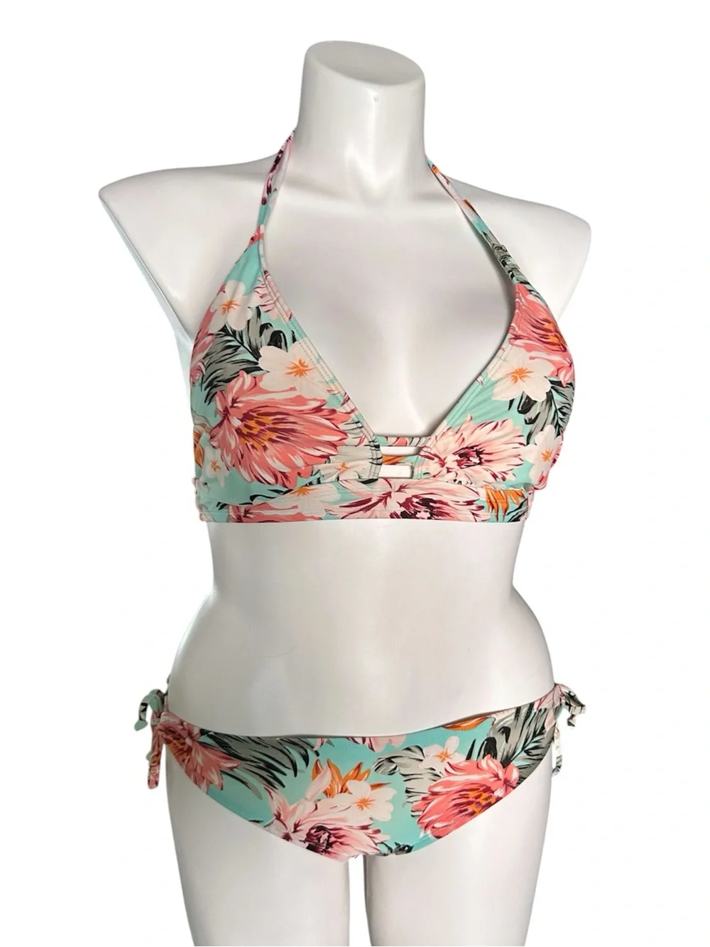 Kona Sol Bikini Floral Print Aqua Pink White Low Rise Bottoms EUC Sz L